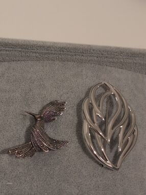 Silver Tone Leaf Brooch and Iridescent Hummingbird Pin - Women's Jewelry